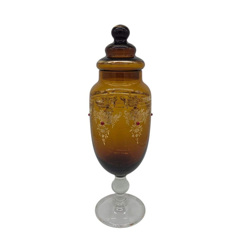 Vtg Empoli Jar Lidded Amber Glass Apothecary Genie Bottle Jeweled MCM Gold Gilt
